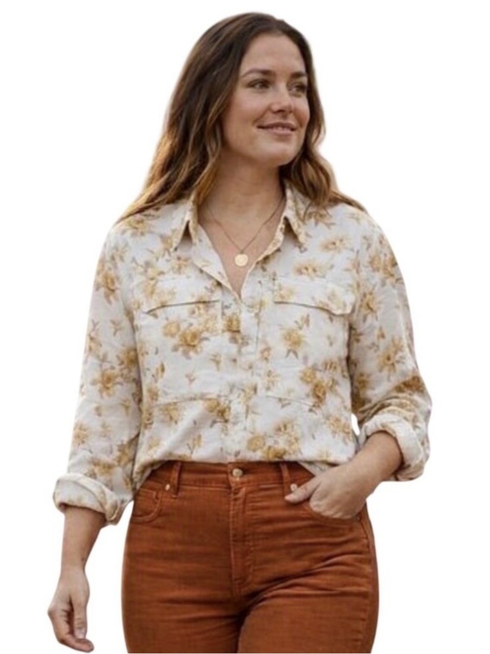 Woolrich Button Down Shirt Cream Floral Cottagecore Fall Womens Size Medium